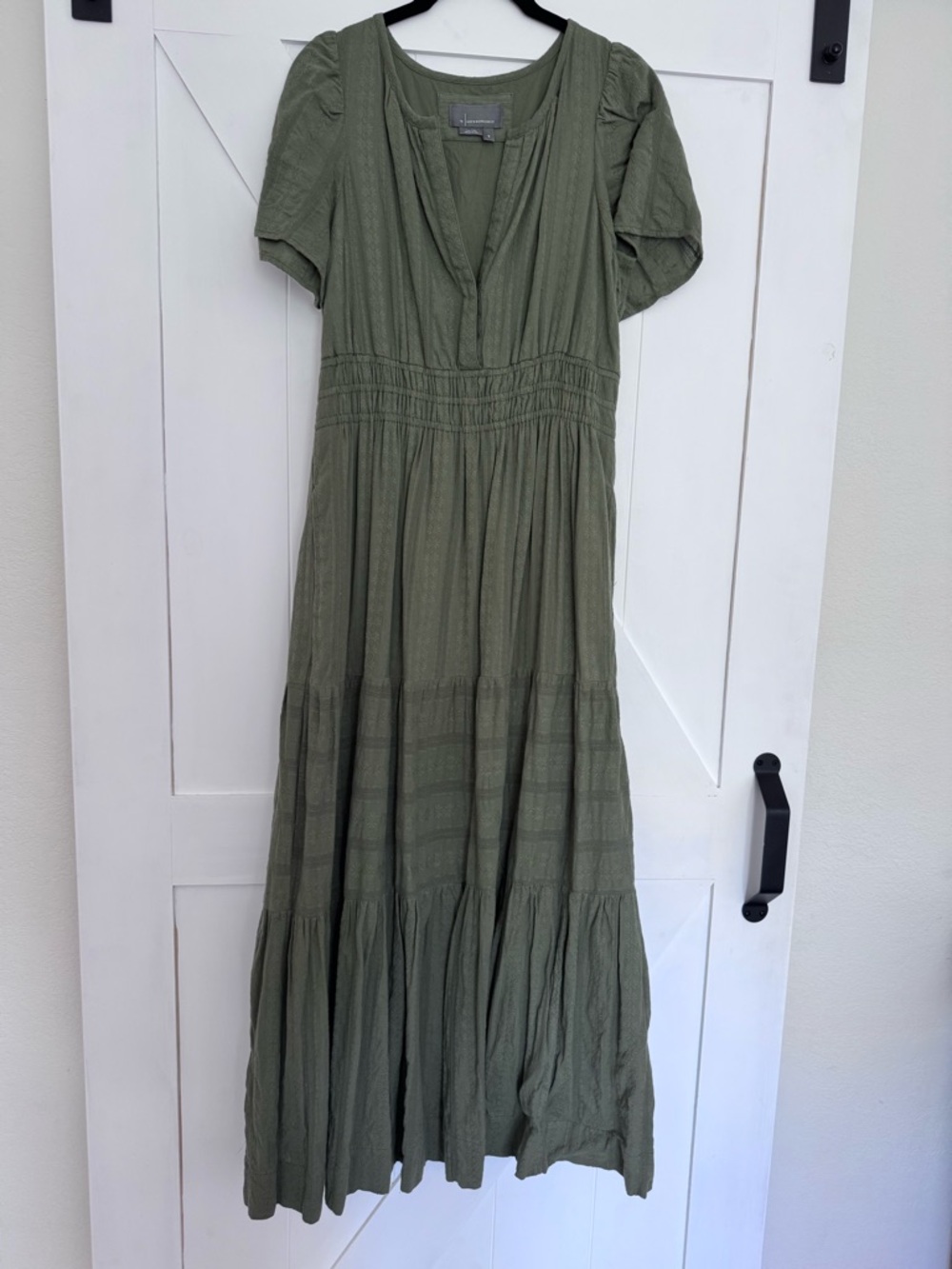 Anthropologie Olive Green Tiered Cotton Maxi Dress